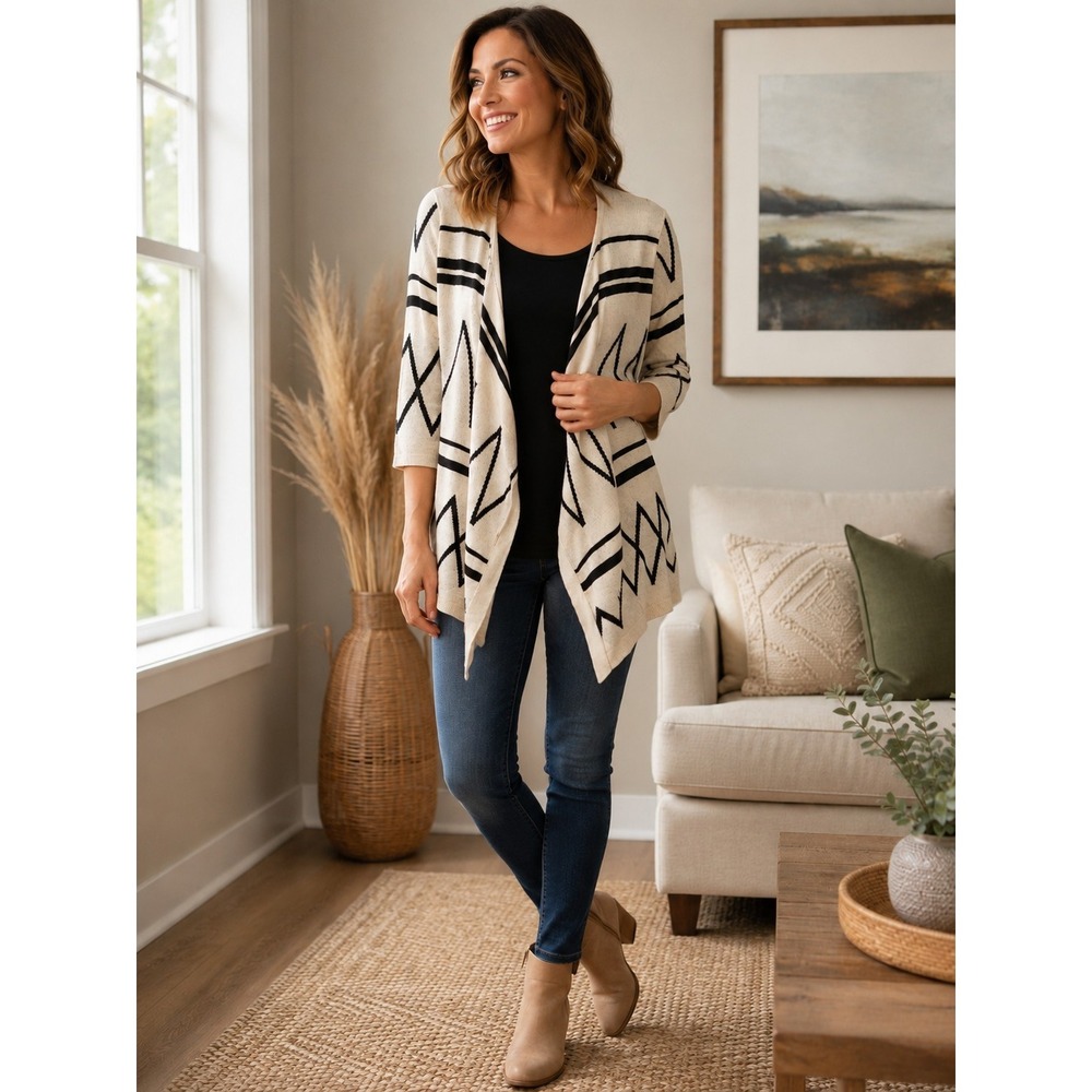 Deb Womens XL Geometric  Open Front Knit Cardigan Lightweight Y2K Career Casual